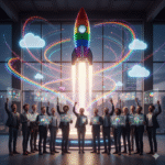 An image showing a Rainbow Rocket being launched