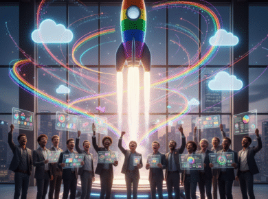 An image showing a Rainbow Rocket being launched