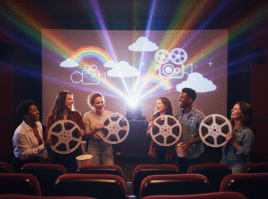 An image showing a room full of people holding up film reels